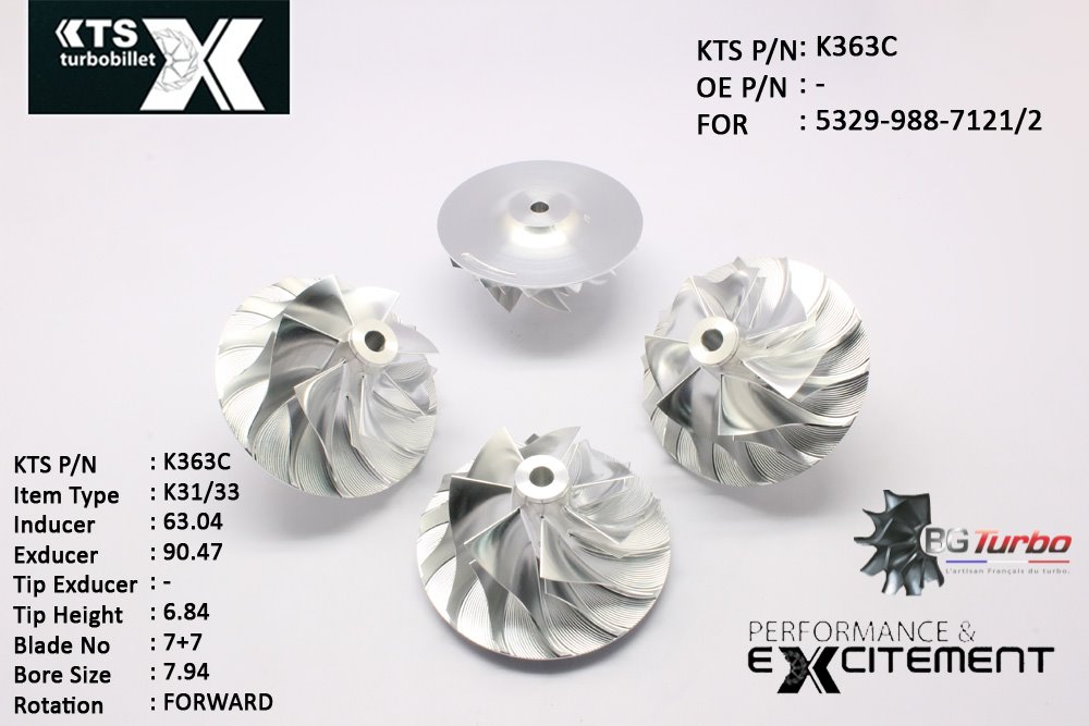 Turbo ROUE FORGÉE MFS PERFORMANCE - 7+7 PALES - INDUCER : 63,04 - EXDUCER : 90,47 - TYPE : K31/33ANGLE : 55° - ROTATION : Forward - SUPER BACK : 5,99 - BORE SIZE : 7,94
